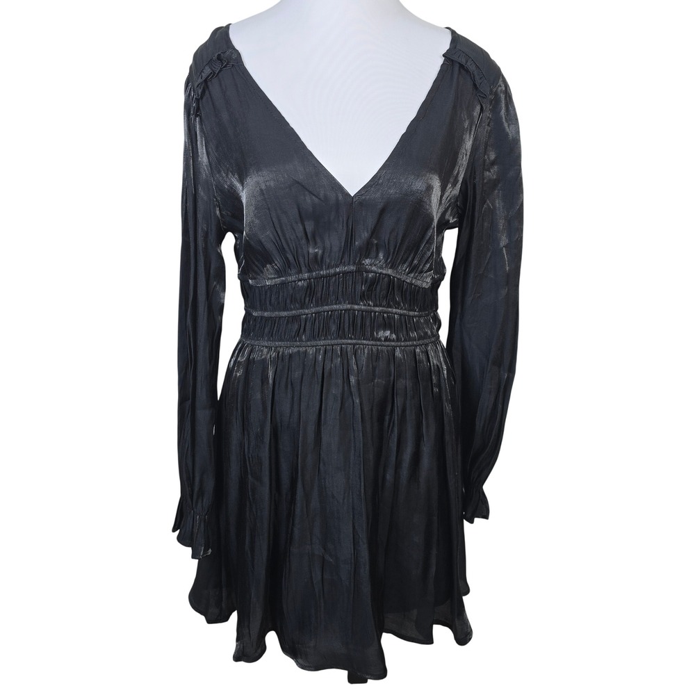 Heart & Heels Black Shimmer Smocked Waist V-Neck Long Sleeve Mini Dress XL